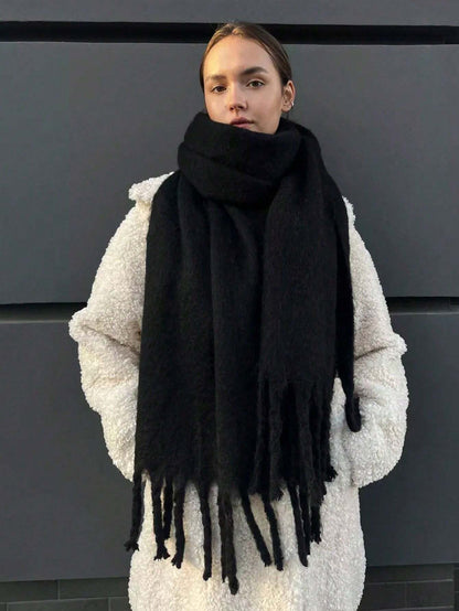 Tapata Women New Plush Tassel Scarf Warm Oversized Shawl, Comfortable For Outdoor Windproof Wear, Simple Versatile Daily Use In Autumn/Winter