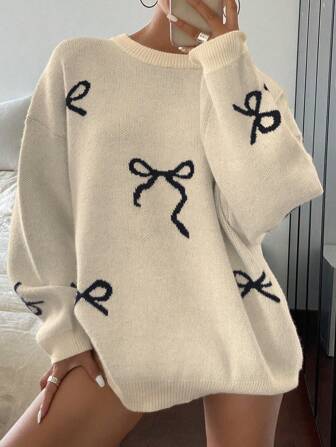 Tapata Women's Crew Neck Loose Fit Bow Knitted Sweater,Long Sleeve Tops