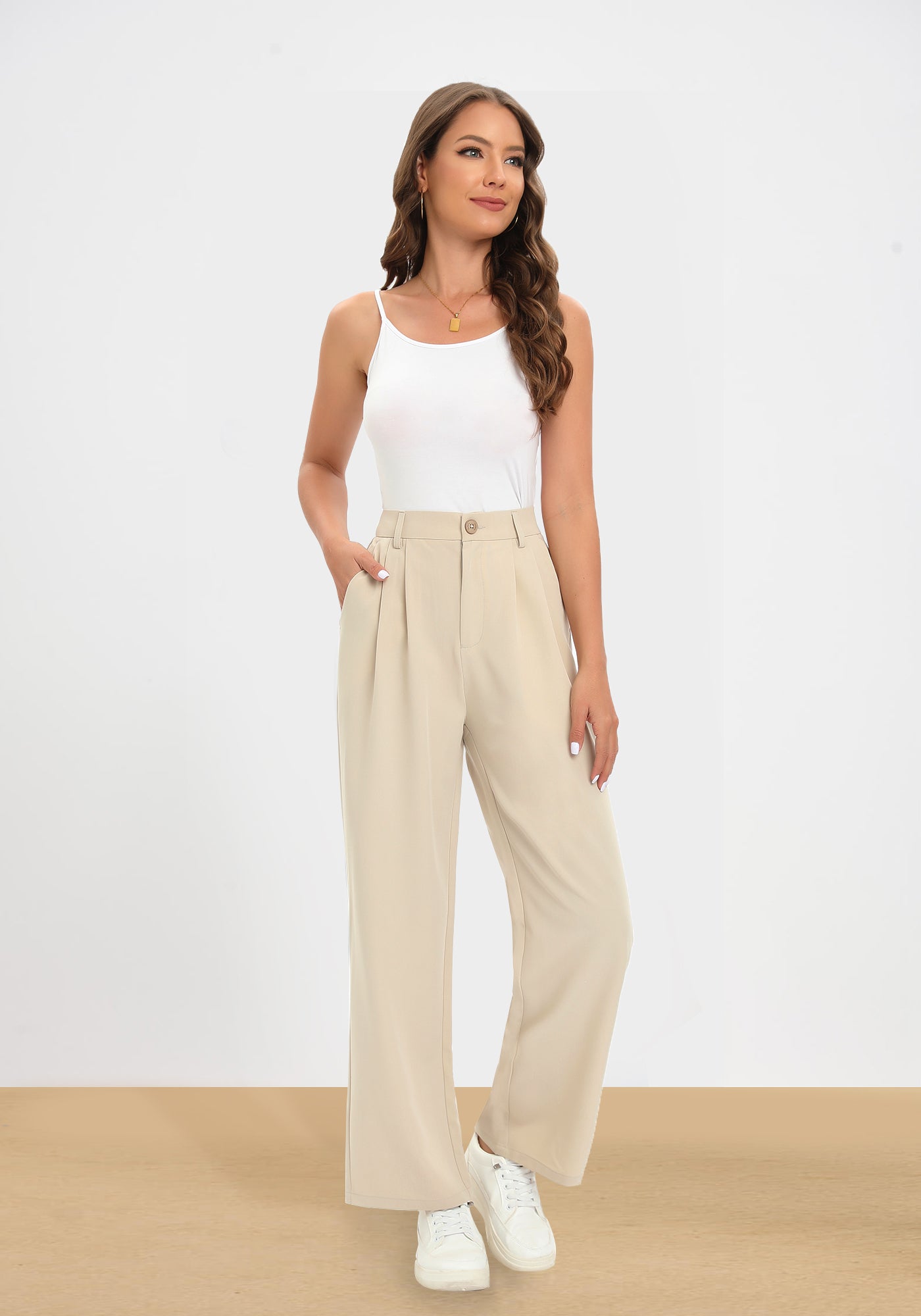 Tapata Women Wide Leg Pants High Waisted Dress Trousers Casual Elastic  Pockets Business Work Slacks, Beige, 0 : : Clothing, Shoes &  Accessories